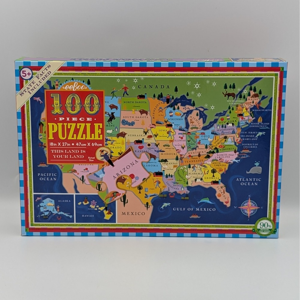eeBoo USA Map Jigsaw Puzzle 100 Piece This Land is Your Land Kids Geography Toy